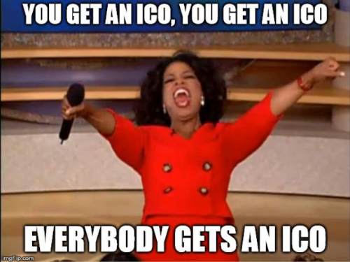 Screenshot of and hyperlink to an X (formerly Twitter) post by Enkidu. The image is an exploitable of Oprah's You Get A Car. It features Oprah with mic in one had, both hands extended, and head thrown back and grinning; she looks ecstatic. The caption says, You get an ICO, You get an ICO, Everybody gets an ICO.